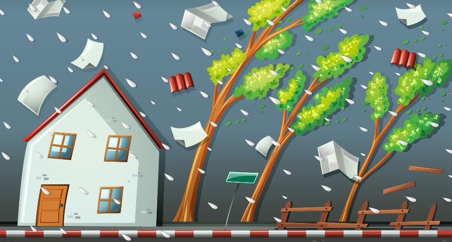 Graphic of a storm affecting a residence and surrounding environment
